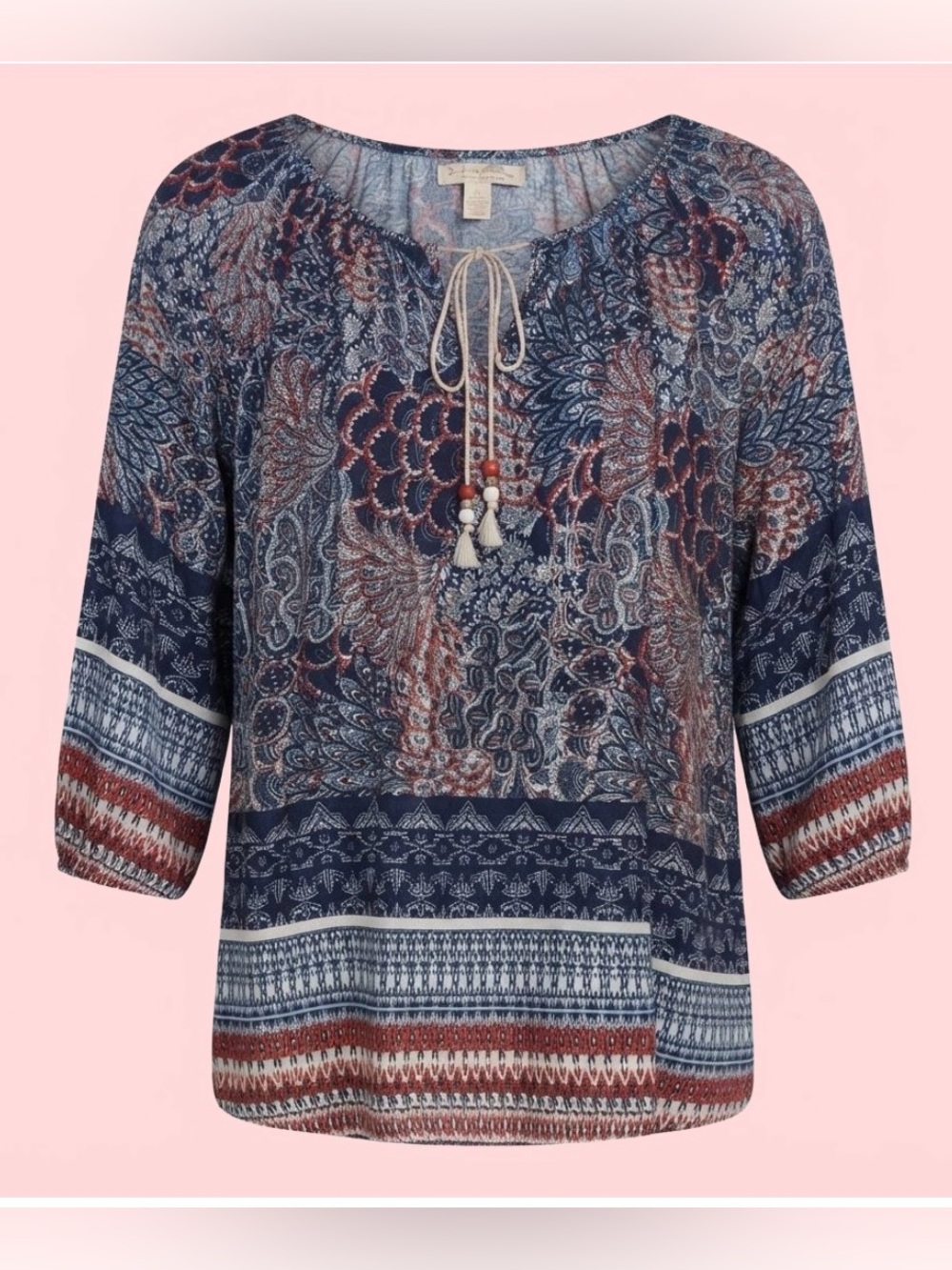 Tantrums Women's Boho Paisley Print Blouse - XXL Navy Tie-Front